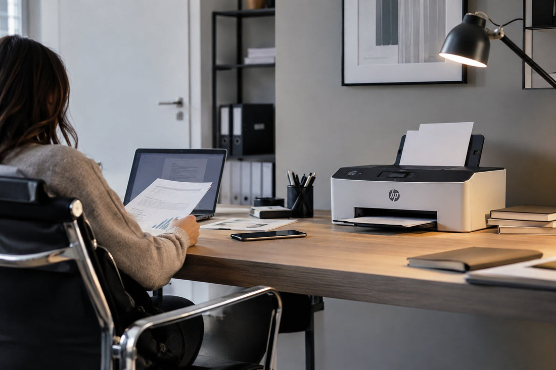 Homeoffice-Arbeitsplatz mit Drucker, Laptop und Dokumenten Frau druckt im Homeoffice