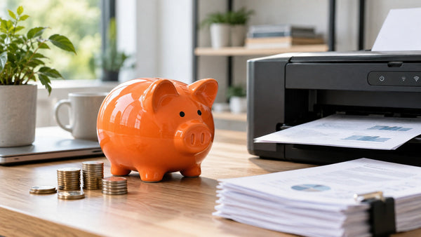 Geld sparen beim Drucken mit orangefarbenem Sparschwein, Drucker und Münzen auf einem Schreibtisch